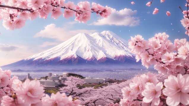 A photo of cherry blossoms and Mount Fuji in the background


