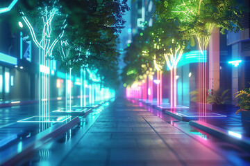 A futuristic neon street with holographic trees lining the sidewalks, emitting a soft, ambient...