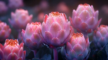 AI generated illustration of a cluster of proteas  against a dark background