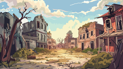 Abandoned town, illustration, cartoon hand-drawing background - obrazy, fototapety, plakaty