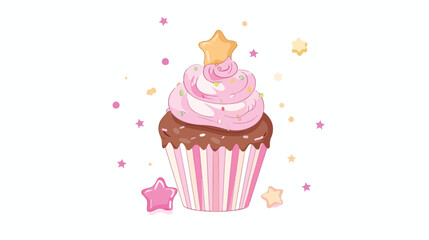 Cute cupcake with star isolated on white background illustration