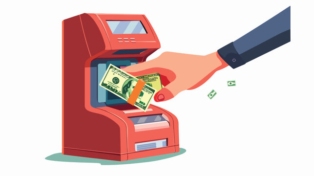 Human hand putting stack of dollar banknotes to a ATM