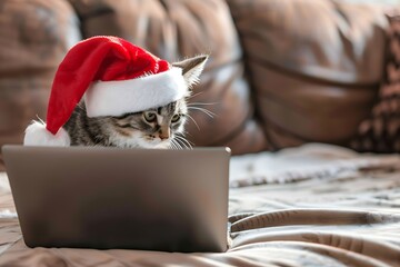 happy kitten in santa claus hat celebrating christmas holiday at home lifestyle looking at laptop, online shopping, internet and home technology