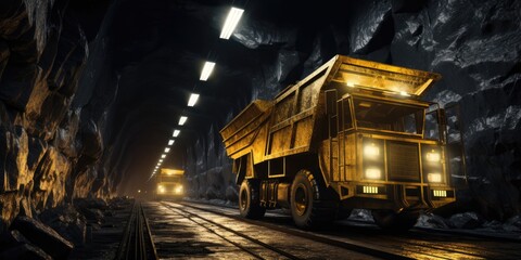 Mining truck in action, being filled with extracted mining products for transportation. - obrazy, fototapety, plakaty