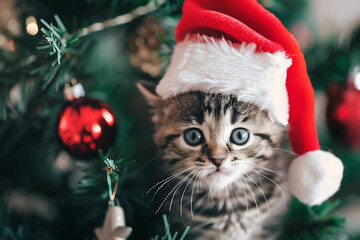happy kitten in santa claus hat celebrating christmas holiday at home lifestyle
