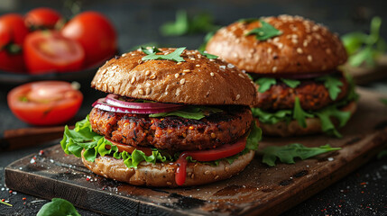 Natural Vegan Temptation: Appetizing Product Photography of Vegan Burgers with Plant-Based Wheat Patty on a Wooden Board Background