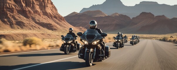 A group of motorcyclists ride together down an open road, symbolizing the spirit of freedom and friendship.
