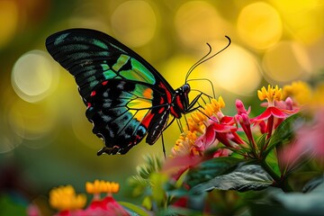 Rajah Brooke's Birdwing Butterfly on flowers, 