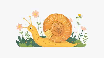 Cute dreamy snail with a flower on a white background