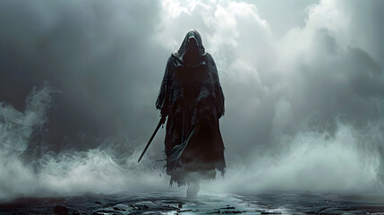 Cloaked Swordsman Navigating the Eerie Mist of the Supernatural Realm - obrazy, fototapety, plakaty