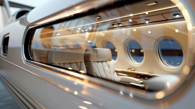 Interior Detail: Include a close-up shot of the private jet's luxurious interior through a window, highlighting plush seating, elegant decor. Generative AI