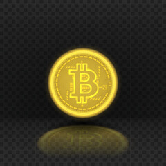 Glowing Bitcoin isolated on checkered background. Neon symbol of digital money coin. Virtual cryptocurrency concept. Vector illustration. Glowing Bitcoin.