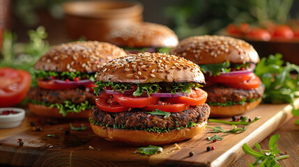 Natural Vegan Temptation: Appetizing Product Photography of Vegan Burgers with Plant-Based Wheat Patty on a Wooden Board Background