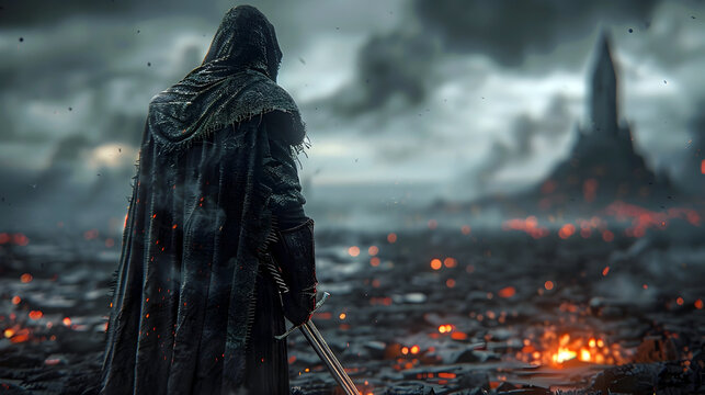 Cursed Swordsman Roaming the Chaotic and Isolated Lands in Search of Purpose,Rendered in Cinematic Photographic Style