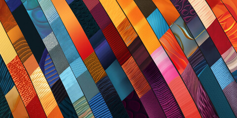 colorful bright background, collage of different fabric patterns