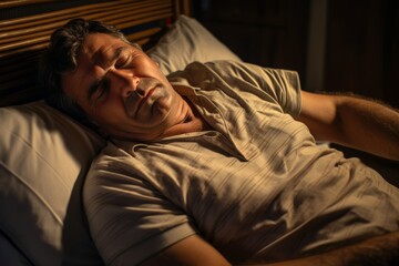 
A middle-aged Brazilian male peacefully slumbering in a pristine hotel bed, in pajamas, experiencing Sleep Tourism