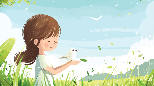 Cute girl and little bird green grass blue sky vector