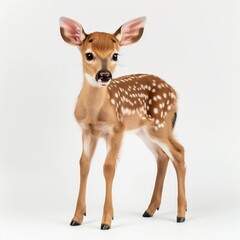 A young deer stands against a white backdrop, looking curiously at the viewer.