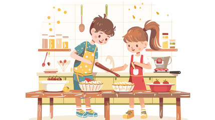 Kids bakers cooking cake or pie in kitchen. Boy kid st
