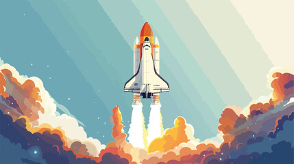 Space shuttle rocket launch from spaceport. Flat vector - obrazy, fototapety, plakaty