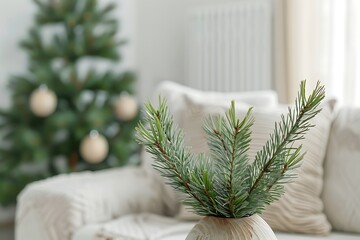 pine branches in a vase on the background of the modern white living room, festive zero waste home decoration