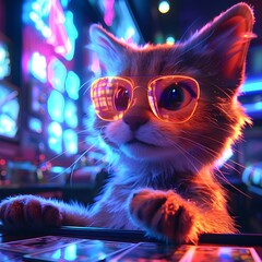 Stylized Cartoon Cat with Sunglasses Flipping Game Card under Neon Lights