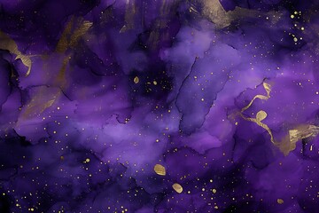 purple abstract watercolor background with golden streaks - obrazy, fototapety, plakaty