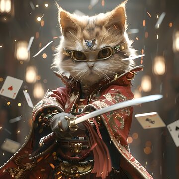 Feline Warrior King Poised for High Stakes Game Card Battle with Levitating Blades