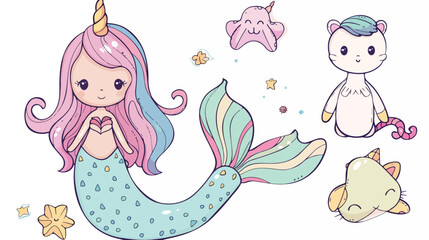 Obraz premium Cute mermaid Cartoon mermaid unicorn cat on white background
