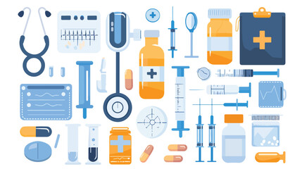 Stethoscope syringe pills medical equipment set. Hosp