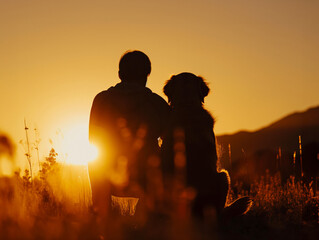 AI generated image of male hiker sitting on rock and watching sunset with his dog. Silhouetted love: Owner and dog against mountain backdrop, a bond of affection