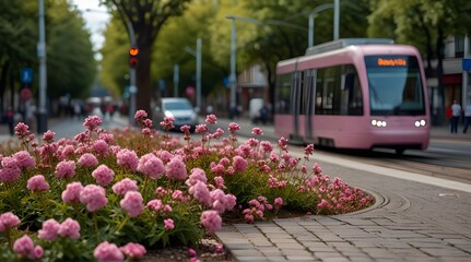 Selective focus pink flowers in garden on traffic island and blur city tram runs on tramway track on public.generative.ai