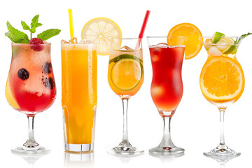 Summer alcohol cocktails isolated on white background, set fruit juice and drink