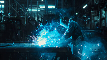 Welder working in a dark factory with blue sparks illuminating the scene