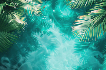 summer tropical background with green leaves and sea water