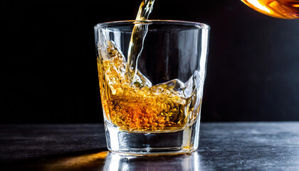 Pouring whiskey drink into glass with reflection on black background; close-up shot, low key, vertical