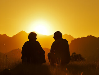 Senior loving couple sitting together outside and watching sunset, AI generated image, Forever love: Sunset silhouettes capture the enduring affection of an elderly couple