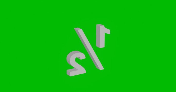 Animation of rotation of a white half fraction symbol with shadow. Simple and complex rotation. Seamless looped 4k animation on green chroma key background