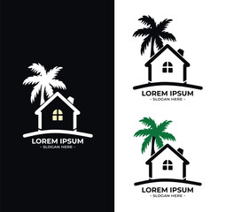  palm trees house logo vector. house logo design template with palm trees vector. beach hotel logo vector.	
