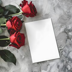 A blank sheet of paper for writing,  surrounded by fresh red roses on a light white and gray marble background. Congratulations. Valentine's day, birthday, women's day, mother's day concept. 