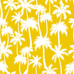 Fototapeta na wymiar Palm trees seamless pattern. Vector white tropical jungle texture on yellow background. Abstract palm silhouettes summer sunny print for textile, exotic wallpapers, wrapping, fabric.