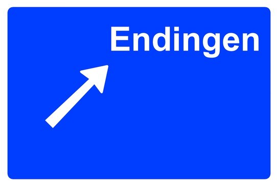 Illustration eines Autobahn-Ausfahrtschildes mit der Beschriftung "Endingen"	