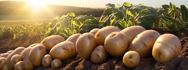 Lush potato plants thriving in a sunlit field, promising a bountiful harvest. - obrazy, fototapety, plakaty