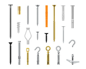 Wall fasteners bolts hooks and screws for fixing pin industrial repair set realistic vector