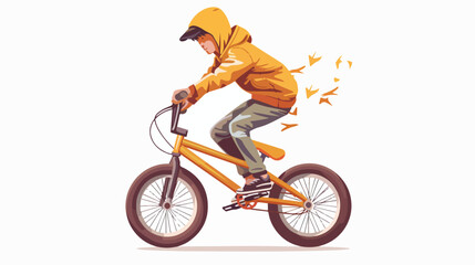 Teen kid doing wheelie stunt on a bmx bike. Boy riding