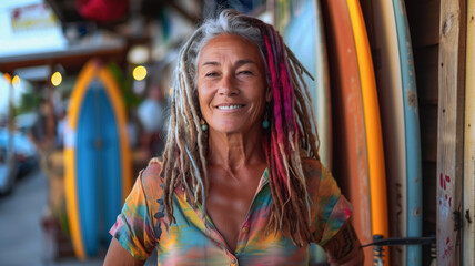 Portrait of senior owner with dreadlocks standing outside of surfboard rental shop