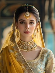 Ornately Adorned Elegant Indian Princess in Traditional Regal Attire Against Palace Backdrop