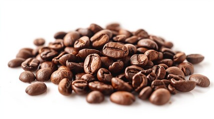 Obraz premium Close-up of roasted coffee beans on a white background, emphasizing their rich aroma and inviting texture.