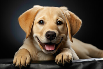 An adorable yellow Labrador puppy with a heartwarming smile, posing against a warm and inviting...