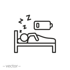 tired man sleep on bed icon, battery person energy charging, night rest and recovery,  low charge human, thin line symbol on white background - vector illustration